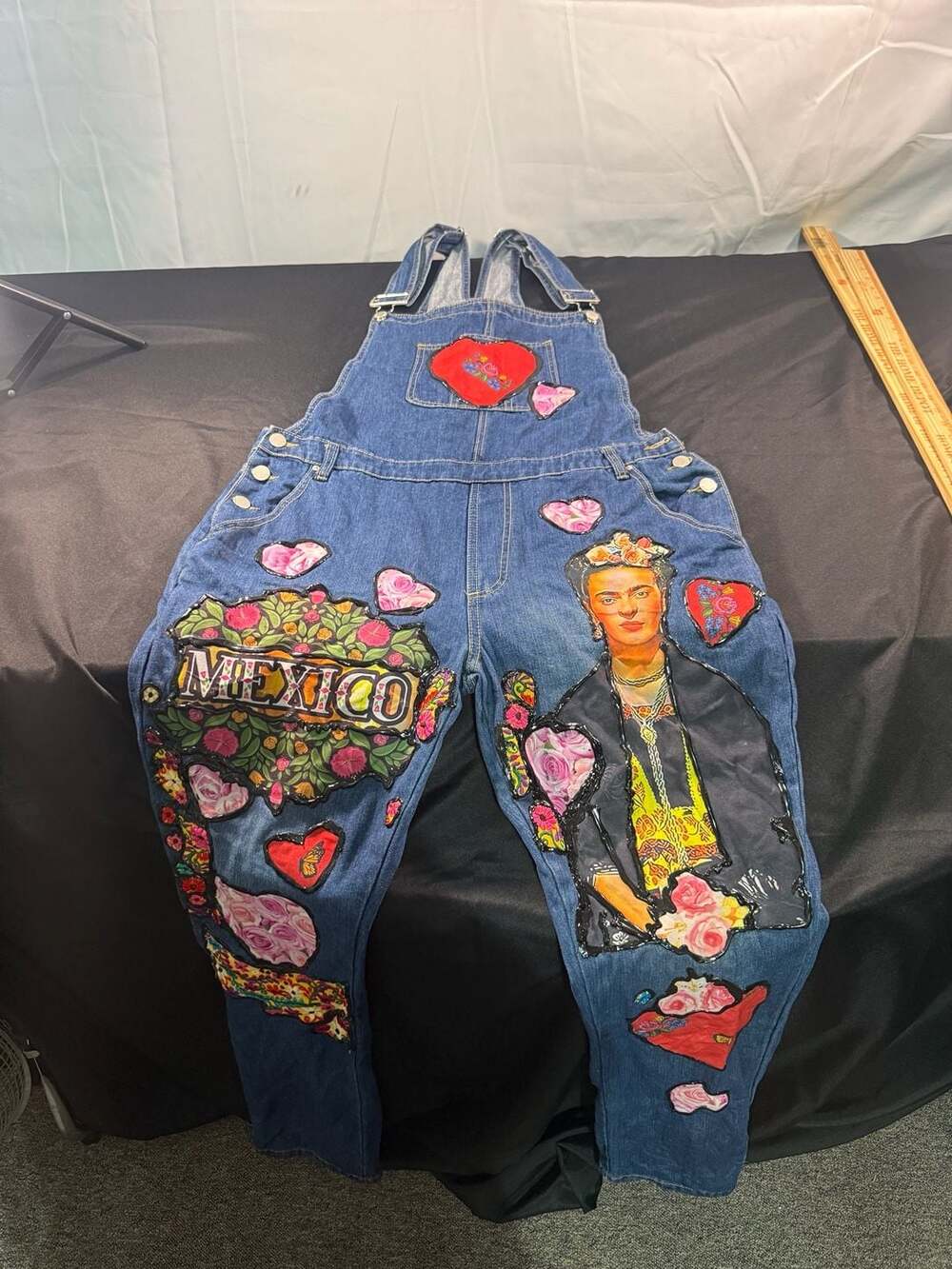 American Bazi Hand-Painted Frida Kahlo and Mexico Patchwork Denim Overalls